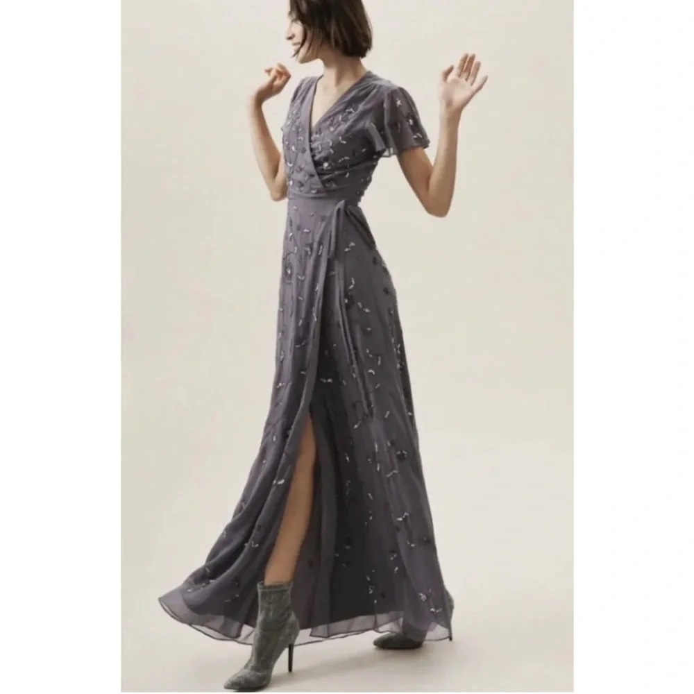 BHLDN Plymouth Grey Beaded Maxi Wrap Dress - Picture 2 of 10